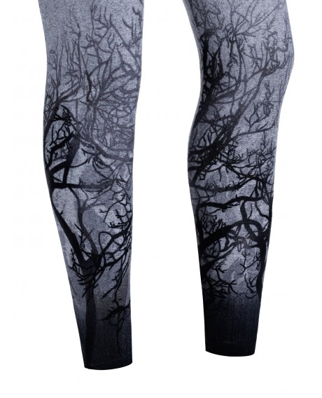 High Waist Tree Print Skinny Pants - Blue Gray M