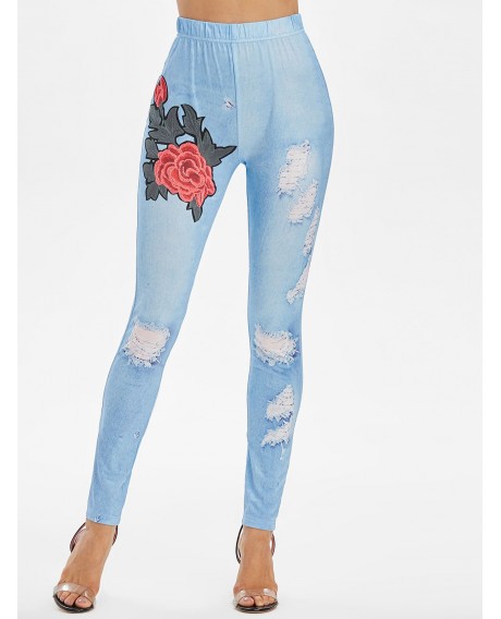 Floral Ripped Print Skinny Pants - Denim Blue M