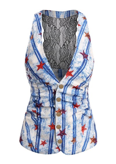 Plunge Lace Panel American Flag Tank Top - Blue M