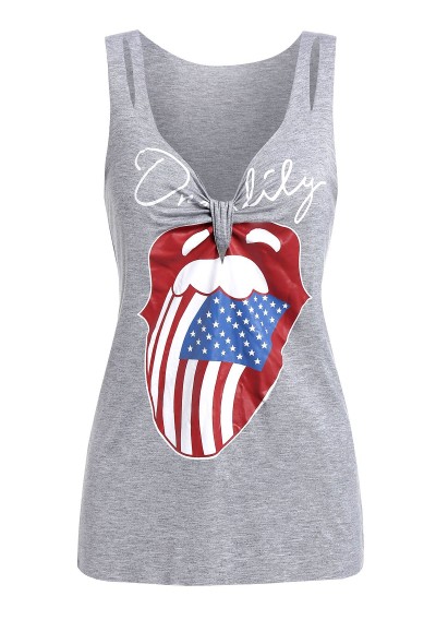 Knotted American Flag Tank Top - Light Gray M