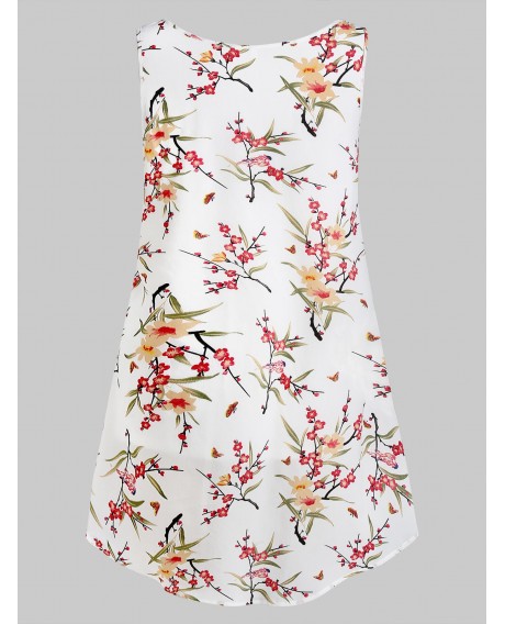 Floral Print High Low Overlay Tank Top - White M