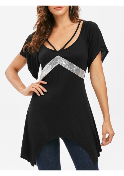 Sequins Raglan Sleeve Asymmetrical T-shirt - Black S