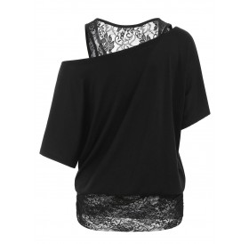 Scoop Neck Lace Panel Casual Tee - Black Xl