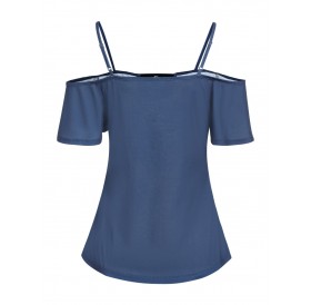 Spaghetti Strap Cold Shoulder Printed T Shirt - Dark Slate Blue M