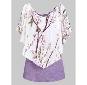 Scoop Collar Printed T Shirt - Purple Flower M