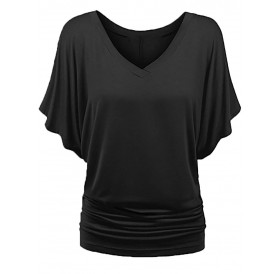 Batwing Sleeve V Neck Ruched T-shirt - Black M