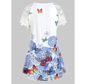 Butterfly Print Lace Sleeves Keyhole T-shirt -  S