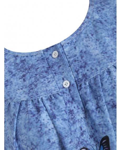 Denim Butterfly Print Open Shoulder Button Yoke T-shirt - Cornflower Blue S