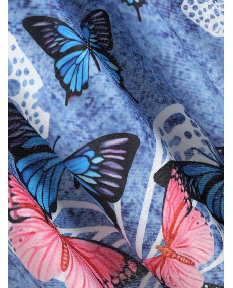 Denim Butterfly Print Open Shoulder Button Yoke T-shirt - Cornflower Blue S