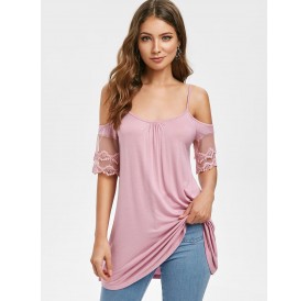Open Shoulder Lace Panel Cami T-shirt - Lipstick Pink S