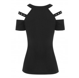 Open Shoulder Grommet T-shirt - Black S