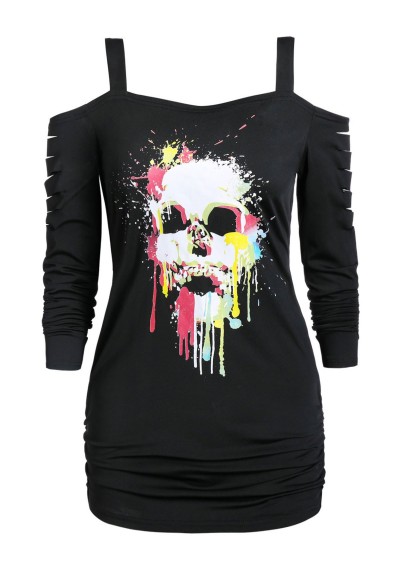 Open Shoulder Skull Print Cut Out T Shirt - Black M