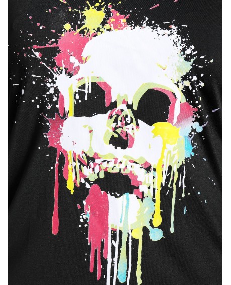 Open Shoulder Skull Print Cut Out T Shirt - Black M