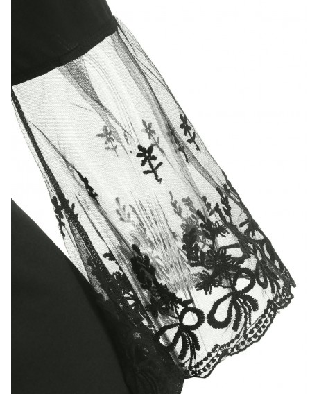 Applique Bell Sleeve Flower Lace T-shirt - Black M