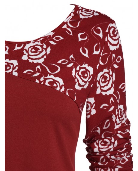 Round Collar Ditsy Print Button Asymmetric T Shirt - Red Wine M