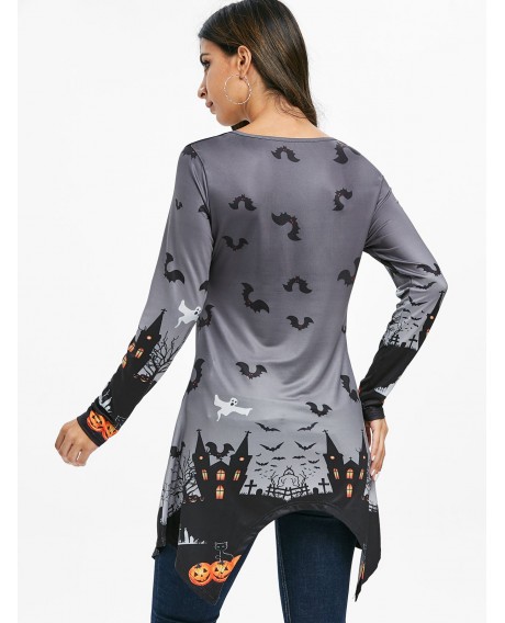Halloween Lace Panel Pumpkin Print Longline T-shirt - Gray S