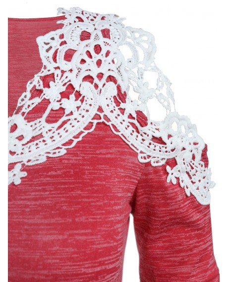 Marled Open Shoulder Applique T Shirt - Rose Red M