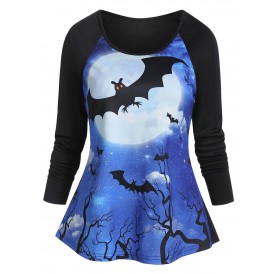 Raglan Sleeve Round Collar Bat Print Halloween T Shirt - Black M