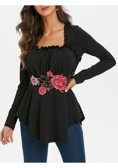 Floral Applique Frilled Long Sleeve Tunic Top - Black M