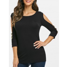 Cut Out Two Tone Round Collar T Shirt - Black M