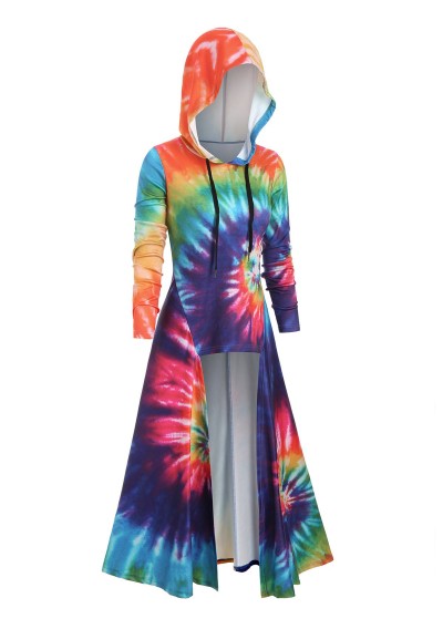 Hooded Spiral Tie Dye Print Maxi Top - Yellow S