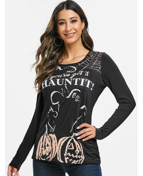 Halloween Pumpkin Spider Web Print Long Sleeve T-shirt - Black S