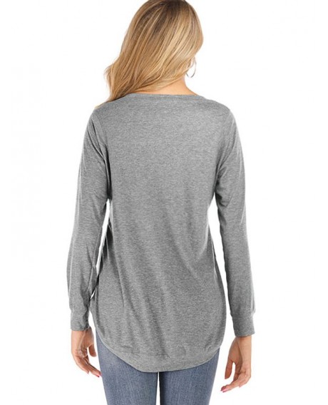 Solid Round Neck High Low Tee - Gray S