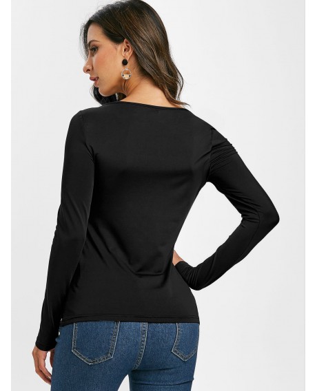 Embroidered Patched Ruffles Long Sleeves Tee - Black M
