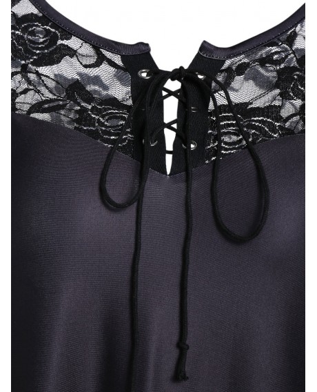 Long Sleeve Printed Lace Insert T Shirt - Black M