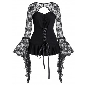 Lace Up Bell Sleeve Lace Sheer Gothic Flounce Cutout Tee - Night L