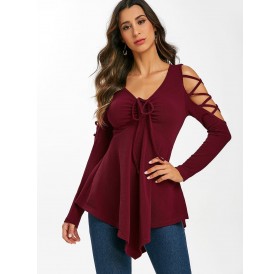 Crisscross Cold Shoulder Cinched Skirted T Shirt - Red Wine M