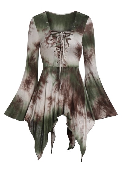 Halloween Bell Sleeve Tie Dye Lace Up Gothic T Shirt - Hazel Green M