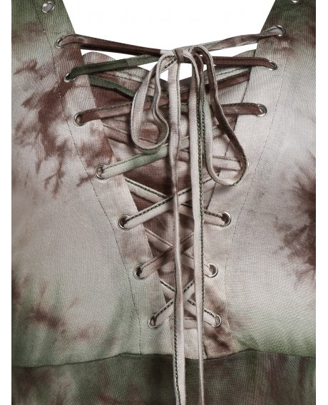Halloween Bell Sleeve Tie Dye Lace Up Gothic T Shirt - Hazel Green M