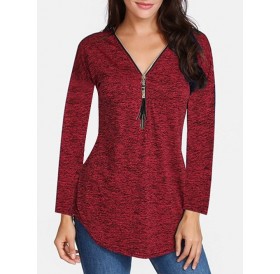 Zip Front V Neck Space Dye Tee - Red Wine L