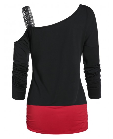 Skul Print Skew Collar Ruched T Shirt - Black M