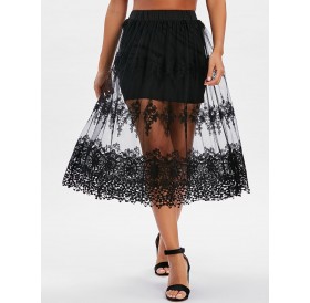 Mesh Crochet A Line Skirt - Black Xl