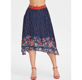 Floral Pattern Swing Skirt - Midnight Blue Xl