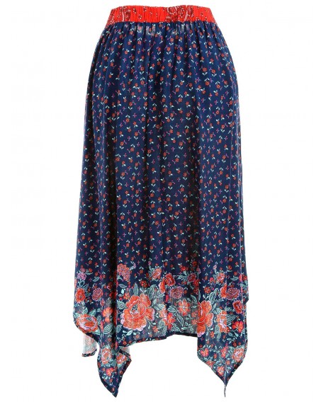 Floral Pattern Swing Skirt - Midnight Blue Xl