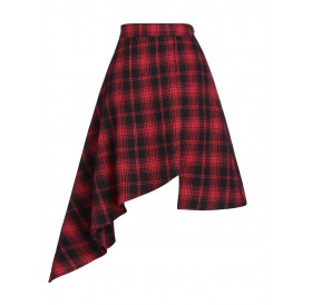 High Rise Asymmetrical Plaid Skirt - Red M