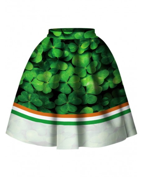 3D Leaf Print A Line Skirt - Green S