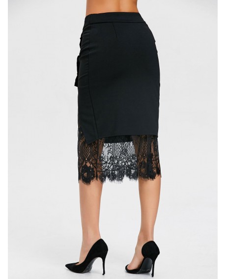 Oblique Button Midi Lace Slit Skirt - Black S