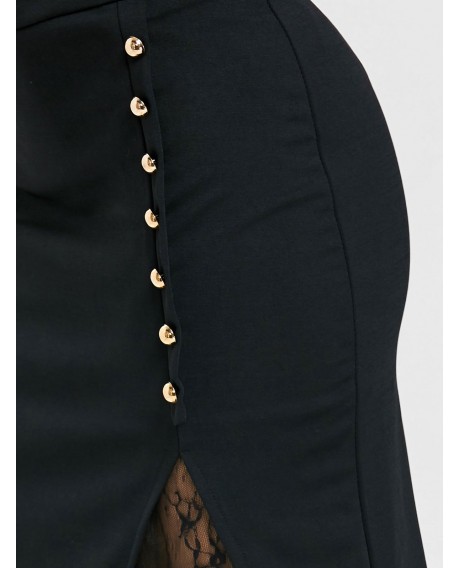 Oblique Button Midi Lace Slit Skirt - Black S