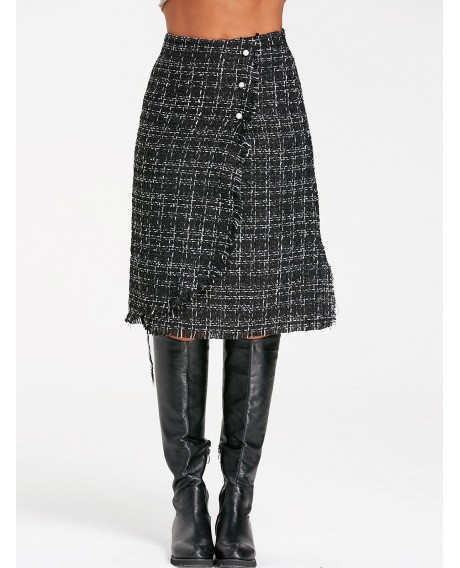 Button Embellished Frayed Slit Tweed Plaid Skirt - Black M