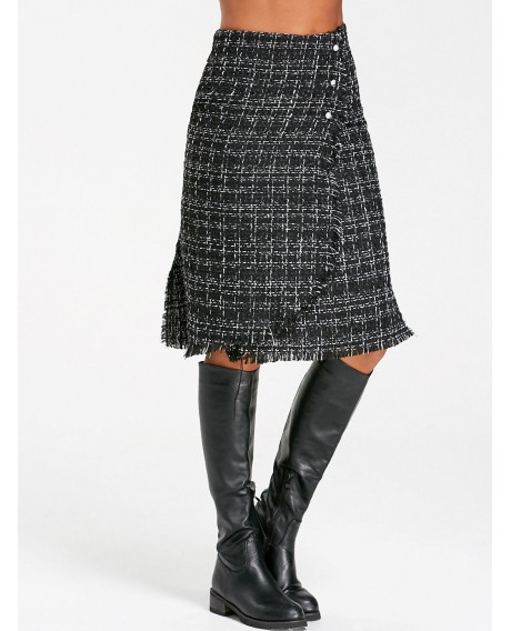 Button Embellished Frayed Slit Tweed Plaid Skirt - Black M