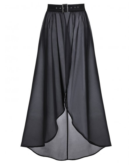 Buckle Strap High Slit High Low See Through Chiffon Skirt - Black M