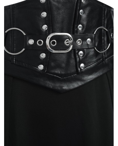 Faux Leather Buckle Strap Rivet Embellished Lace-up Asymmetric Gothic Skirt - Black M