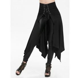 High Waisted Lace-up Slit Front Asymmetric Skirt - Black M