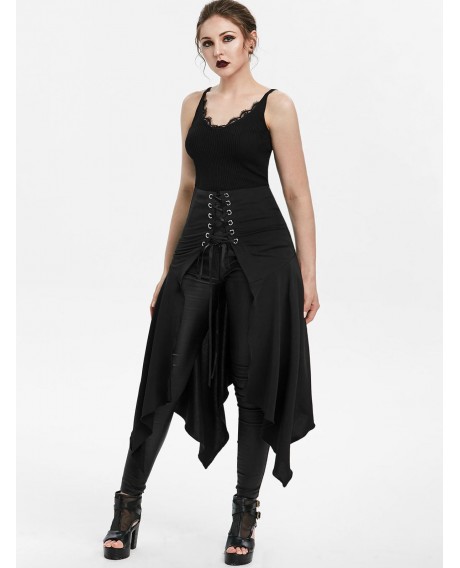 High Waisted Lace-up Slit Front Asymmetric Skirt - Black M