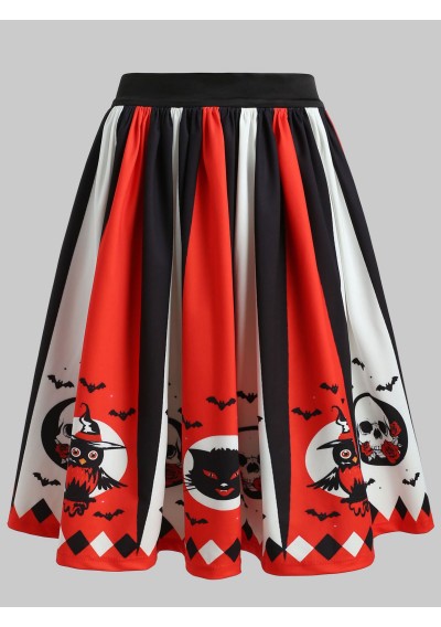 Halloween Skull Owl Print Pleated Skirt -  Xl