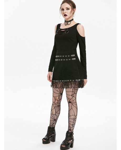 Lace PU Panel Grommet Mini Skirt - Black S